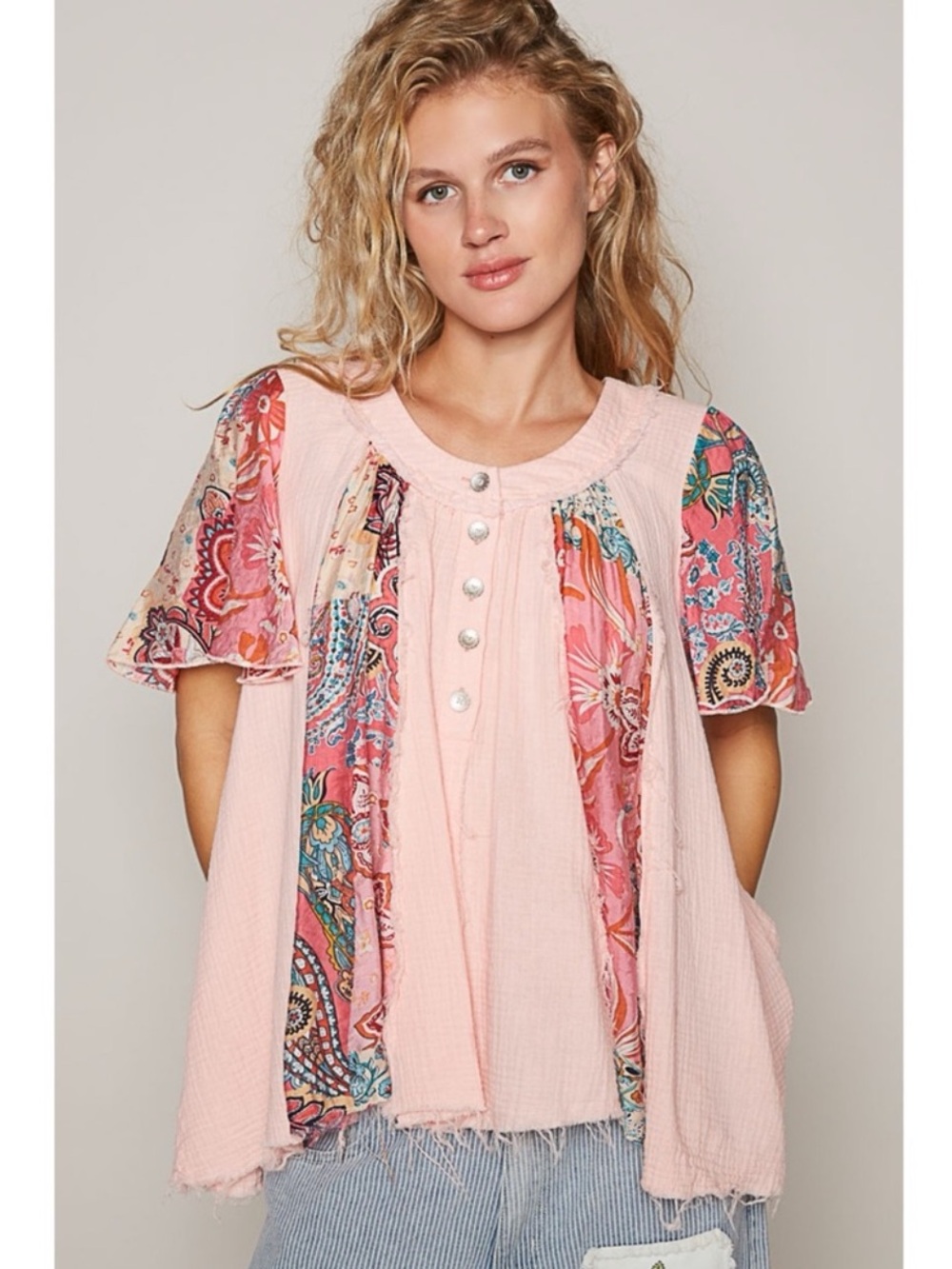 New: POL Henley Style Mixed Paisley Patchwork Short Sleeve Gauze Blouse• Medium